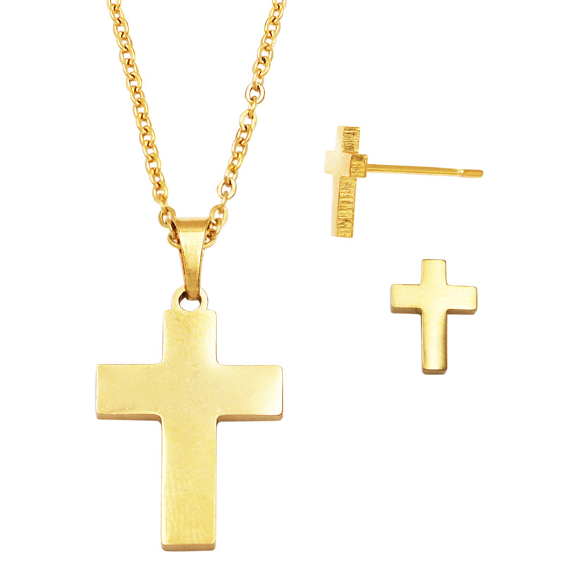 Stainless Steel Cross Charm Necklace and Earrings Set (Gold Tone)