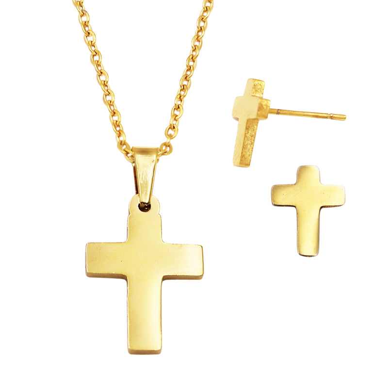 Stainless Steel Cross Charm Necklace and Earring Jewelry Gift Set 18"