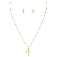 Stainless Steel Cross Charm Necklace and Earrings Set (Gold Tone)