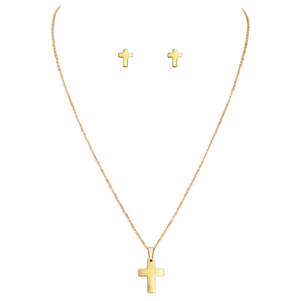 Stainless Steel Cross Charm Necklace and Earrings Set (Gold Tone)