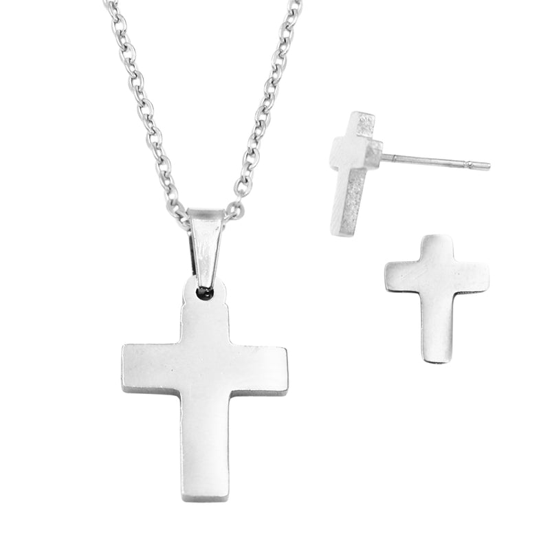 Stainless Steel Cross Charm Necklace and Earrings Set (Silver Tone)