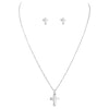 Stainless Steel Cross Charm Necklace and Earrings Set (Silver Tone)