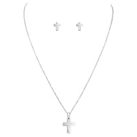 Stainless Steel Cross Charm Necklace and Earrings Set (Silver Tone)