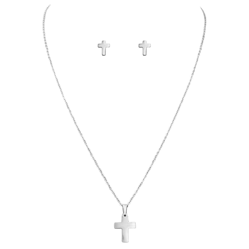 Stainless Steel Cross Charm Necklace and Earrings Set (Silver Tone)