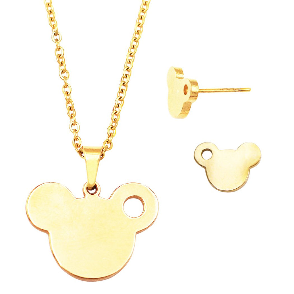 Stainless Steel Mouse Head Charm Necklace and Earrings Set (Gold Tone)