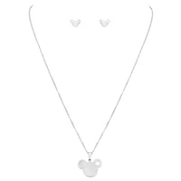 Stainless Steel Mouse Head Charm Necklace and Earrings Set (Silver Tone)