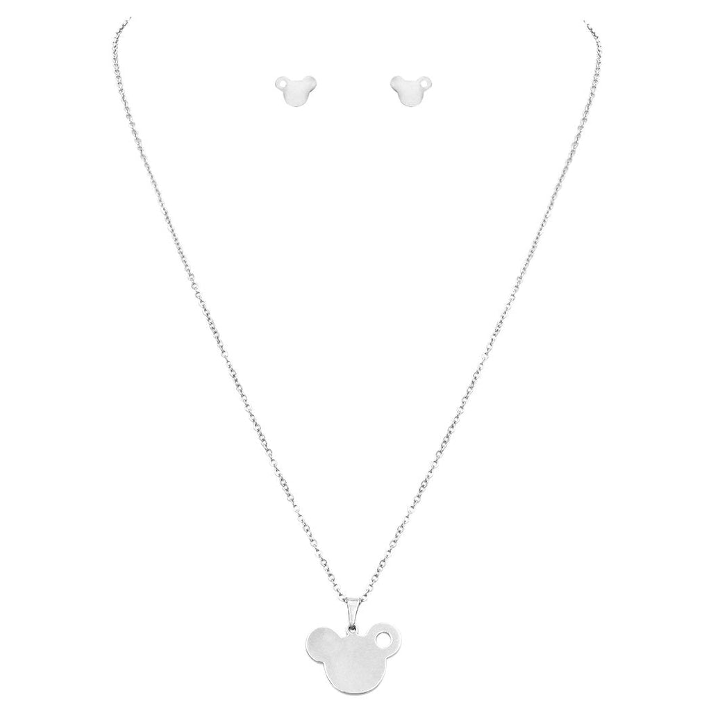 Stainless Steel Mouse Head Charm Necklace and Earrings Set (Silver Tone)
