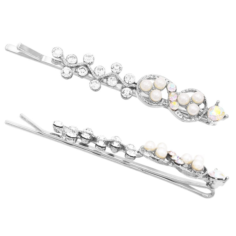 Women's Infinity Twisted Vine Crystal and Simulated Pearl Bobby Pins Hair Barrette Accessories (SilverTone)