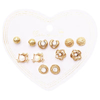 Girl's Set of 6 Whimsical Kitty Cat Hearts Flowers Earrings (Gold Tone)