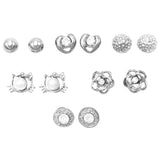 Girl's Set of 6 Whimsical Kitty Cat Hearts Flowers Earrings (Silver Tone)