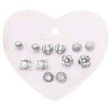 Girl's Set of 6 Whimsical Kitty Cat Hearts Flowers Earrings (Silver Tone)