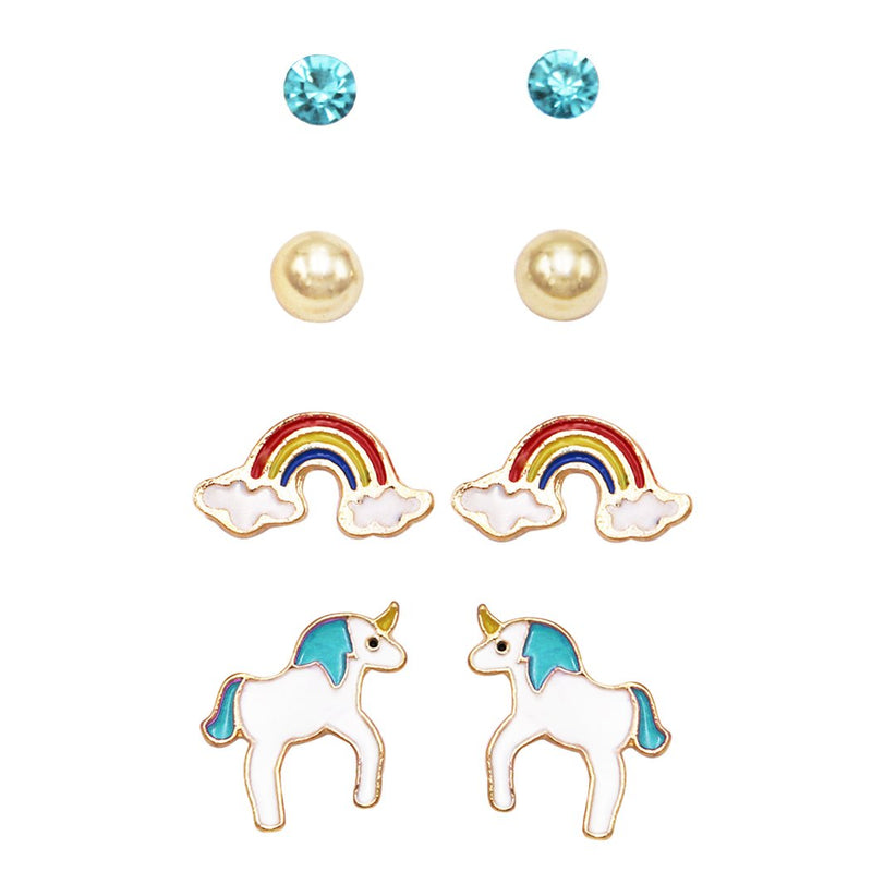 Girl's Whimsical Enameled Rainbows and Unicorns Earrings Set of 4 (Aqua)