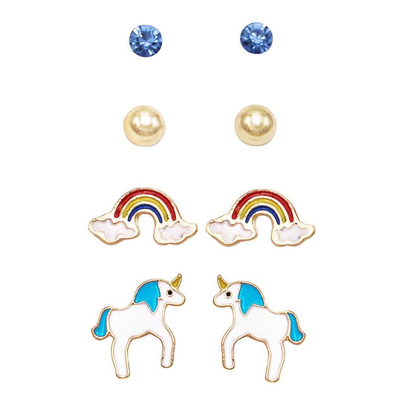Girl's Whimsical Enameled Rainbows and Unicorns Earrings Set of 4 (Blue)