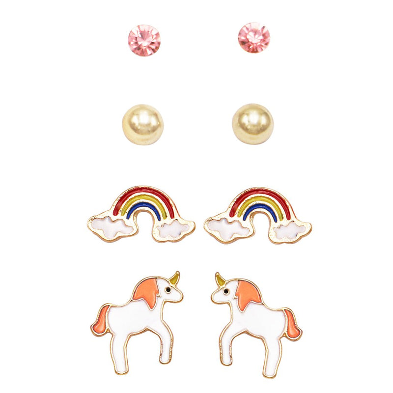 Girl's Whimsical Enameled Rainbows and Unicorns Earrings Set of 4 (Peach)