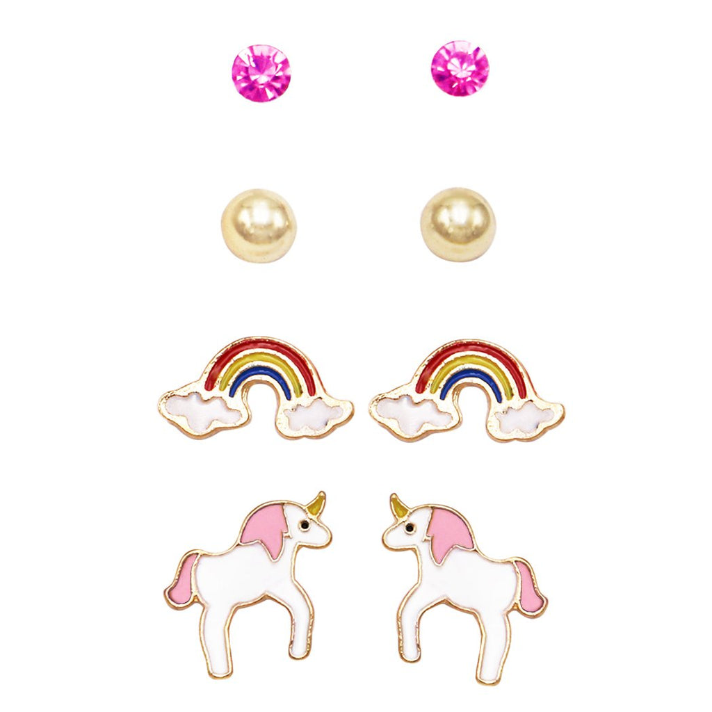 Girl's Whimsical Enameled Rainbows and Unicorns Earrings Set of 4 (Pink)