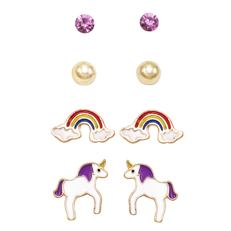 Girl's Whimsical Enameled Rainbows and Unicorns Earrings Set of 4 (Purple)