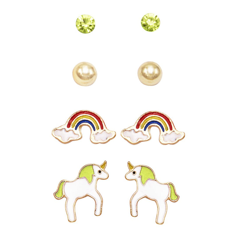 Girl's Whimsical Enameled Rainbows and Unicorns Earrings Set of 4 (Yellow)
