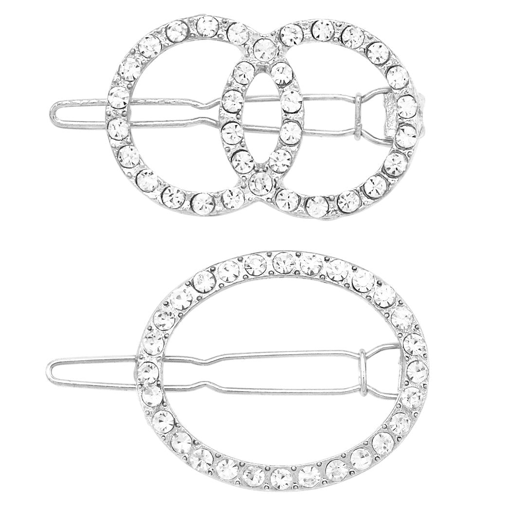 Set of 2 Different Round Style Crystal Rhinestone Hair Clip Bobby Pins Hair Barrette Accessories (Silver Tone)