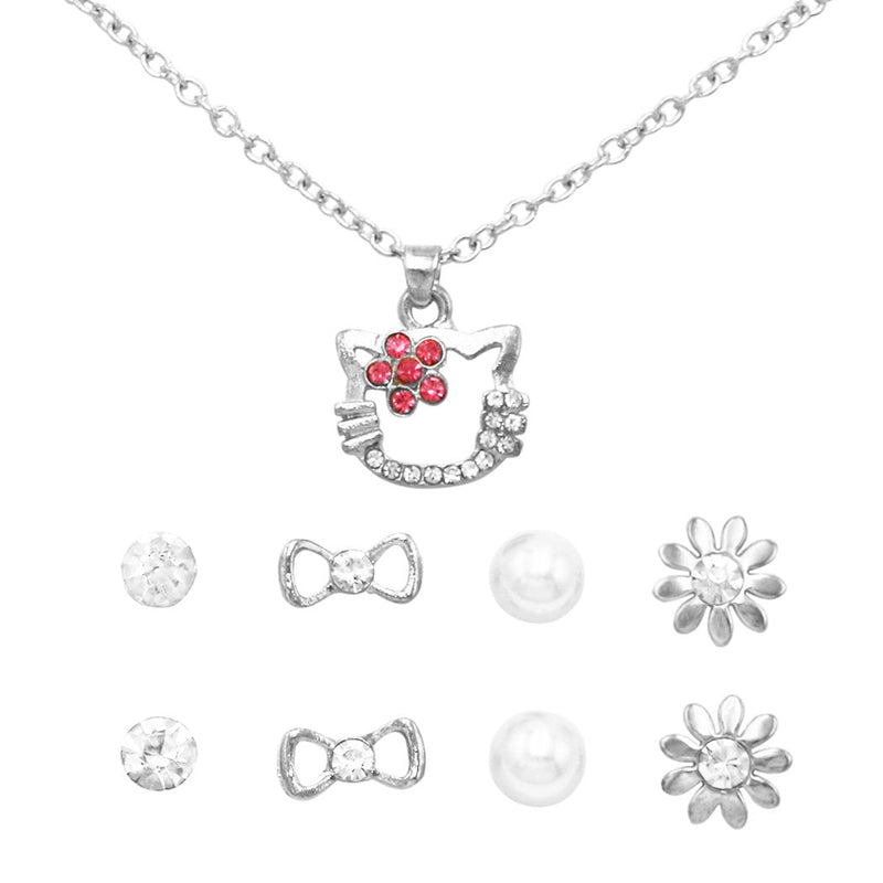 Girl's Crystal Rhinestone Kitty Cat Necklace and 4 Pairs Earrings Jewelry Set (Pink/Silver Tone)