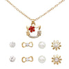 Girl's Crystal Rhinestone Kitty Cat Necklace and 4 Pairs Earrings Jewelry Set (Red/Gold Tone)