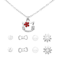 Girl's Crystal Rhinestone Kitty Cat Necklace and 4 Pairs Earrings Jewelry Set (Red/Silver Tone)