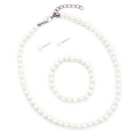 Girl's 6mm Glass Bead Simulated Pearl 3 Piece Necklace Bracelet Earrings Flower Girl Bridal Jewelry Set, 12"-14" with 2” Extender (White)
