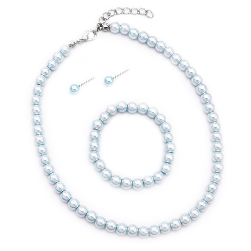 Girl's 6mm Glass Bead Simulated Pearl 3 Piece Necklace Bracelet Earrings Dress Up Jewelry Set, 12"-14" with 2" Extender (Light Blue)