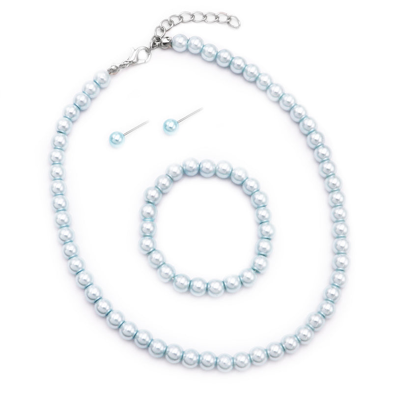Girl's 6mm Glass Bead Simulated Pearl 3 Piece Necklace Bracelet Earrings Dress Up Jewelry Set, 12"-14" with 2" Extender (Light Blue)
