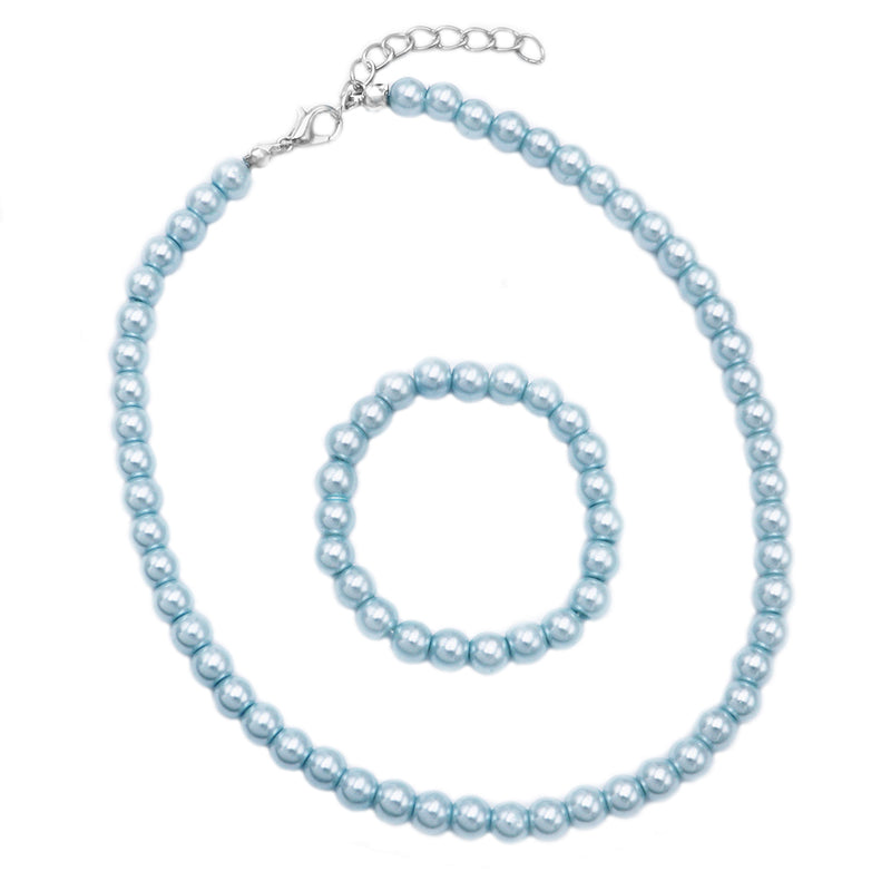 Girl's 6mm Glass Bead Simulated Pearl 3 Piece Necklace Bracelet Earrings Dress Up Jewelry Set, 12"-14" with 2" Extender (Light Blue)