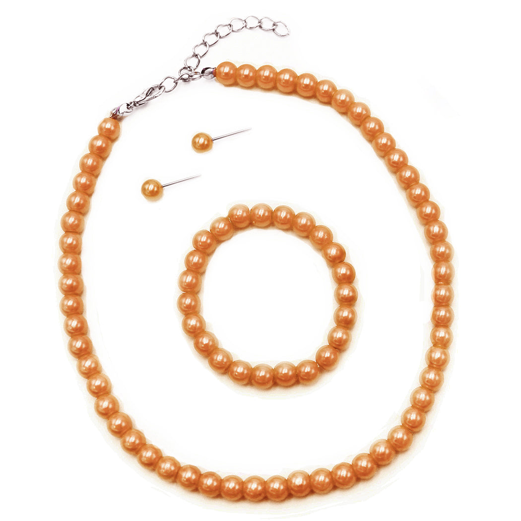Rosemarie & Jubalee Girl's Beautiful 6mm Glass Bead Simulated Pearl 3 Piece Necklace Bracelet Earrings Halloween Dress Up Jewelry Set, 12"+2" Extender (Orange Spice)