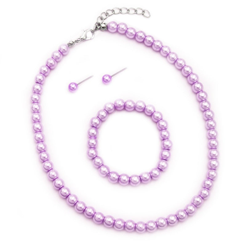 Girl's 6mm Glass Bead Simulated Pearl 3 Piece Necklace Bracelet Earrings Dress Up Jewelry Set, 12"-14" with 2" Extender (Purple)