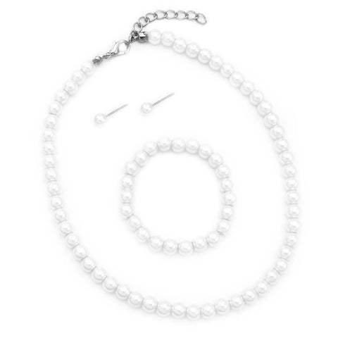Statement Piece X-Large Holiday Simulated Pearl Strand Bib Necklace Earrings Set, 18"+4" Extender (White)