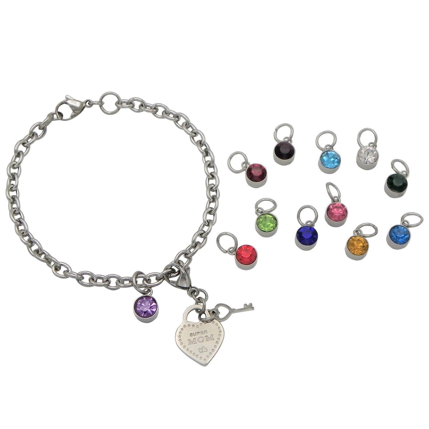 Birthstone Heart Charm Bracelet from Your Children Engraved Super Mom