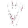 3 Piece Rhinestone Crystal And Metal Mesh Floral Statement Necklace Bracelet Earring Jewelry Set, 17"+4" Extender (Fuchsia Pink)