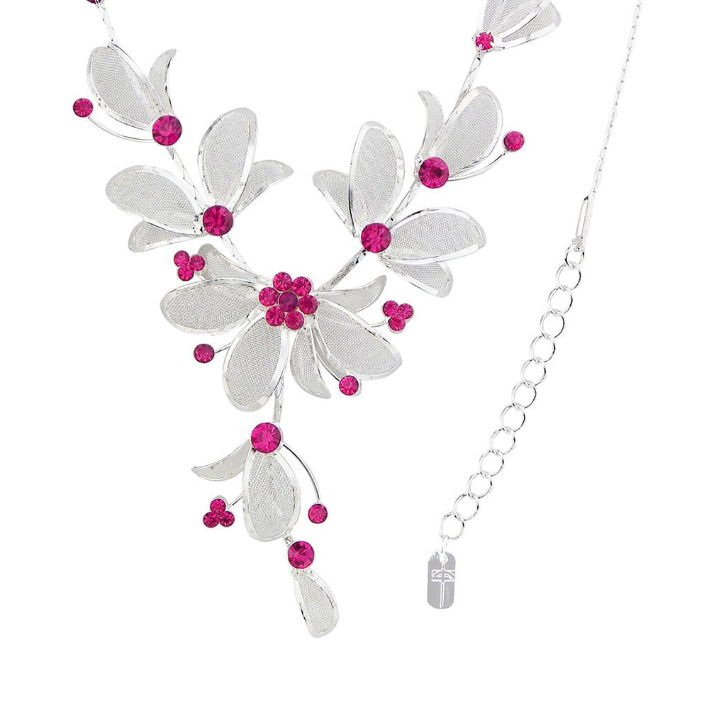 Floral Fuchsia Statement Necklace Bracelet Earring Jewelry Set 17" with 4" Extender