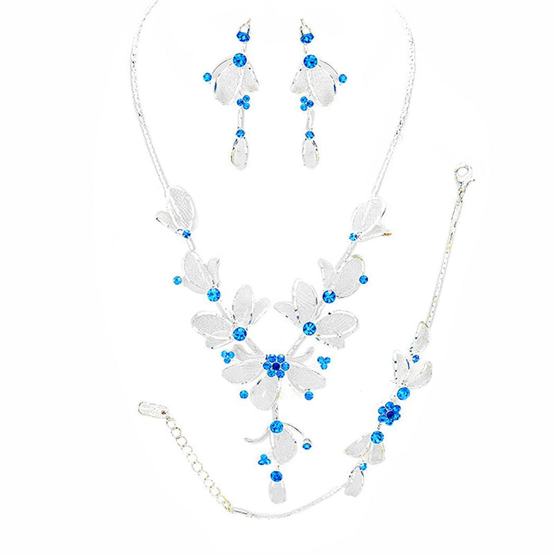 3 Piece Rhinestone And Metal Mesh Floral Statement Necklace Bracelet Earring Set (Blue Crystal Silver Tone)