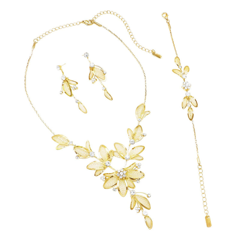 Women's Floral Statement Necklace Bracelet Earring Jewelry Gift Set (Clear Crystals Gold Tone)