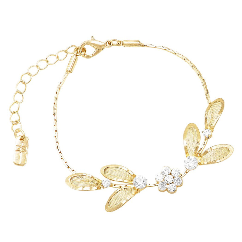 Women's Floral Statement Necklace Bracelet Earring Jewelry Gift Set (Clear Crystals Gold Tone)