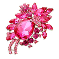 Colorful Glass Crystal Teardrop Flower Statement Brooch Pin Pendant (Fuchsia Pink)