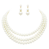 Women's Multi Strand Classic Cream Faux Pearl Necklace and Earrings Jewelry Gift Set,16" with 3" Extender