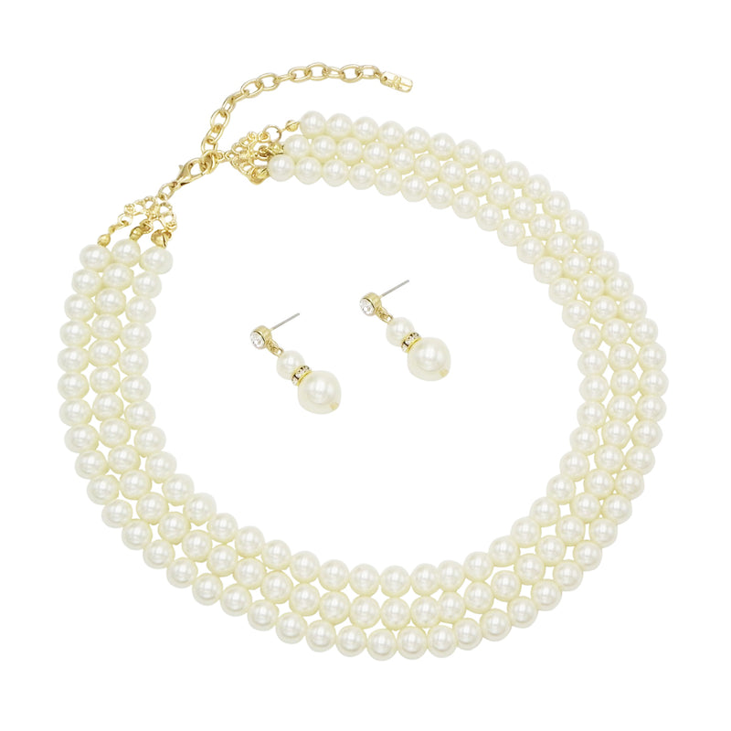 Women's Multi Strand Classic Cream Faux Pearl Necklace and Earrings Jewelry Gift Set,16" with 3" Extender