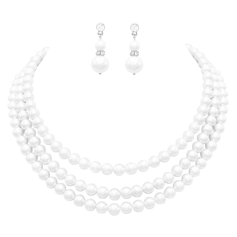 Women's Multi Strand Classic 8mm Faux Pearl Necklace and Earrings Jewelry Set, 16"-19" with 3" Extender