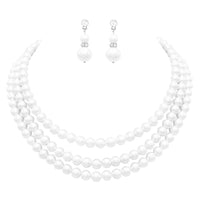 Women's Multi Strand Classic 8mm Faux Pearl Necklace and Earrings Jewelry Set, 16"-19" with 3" Extender