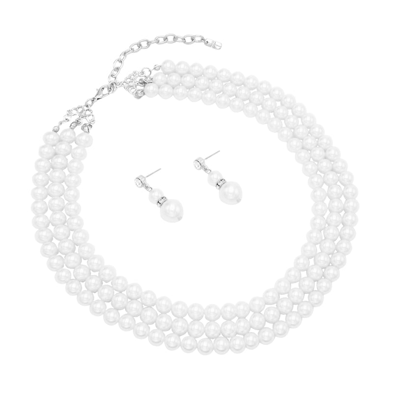 Women's Multi Strand Classic 8mm Faux Pearl Necklace and Earrings Jewelry Set, 16"-19" with 3" Extender