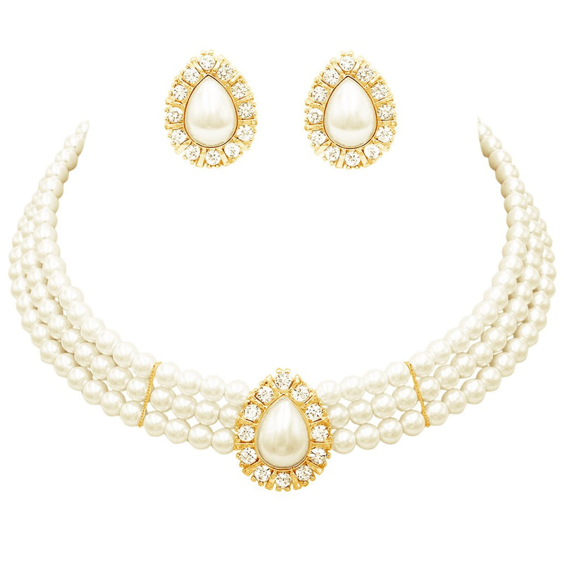 Simulated Large Teardrop Pearl 3 Piece Choker Necklace Cuff Bracelet Clip On Earrings Bridal Jewelry Set, 11"+3" Extender (Gold Tone)