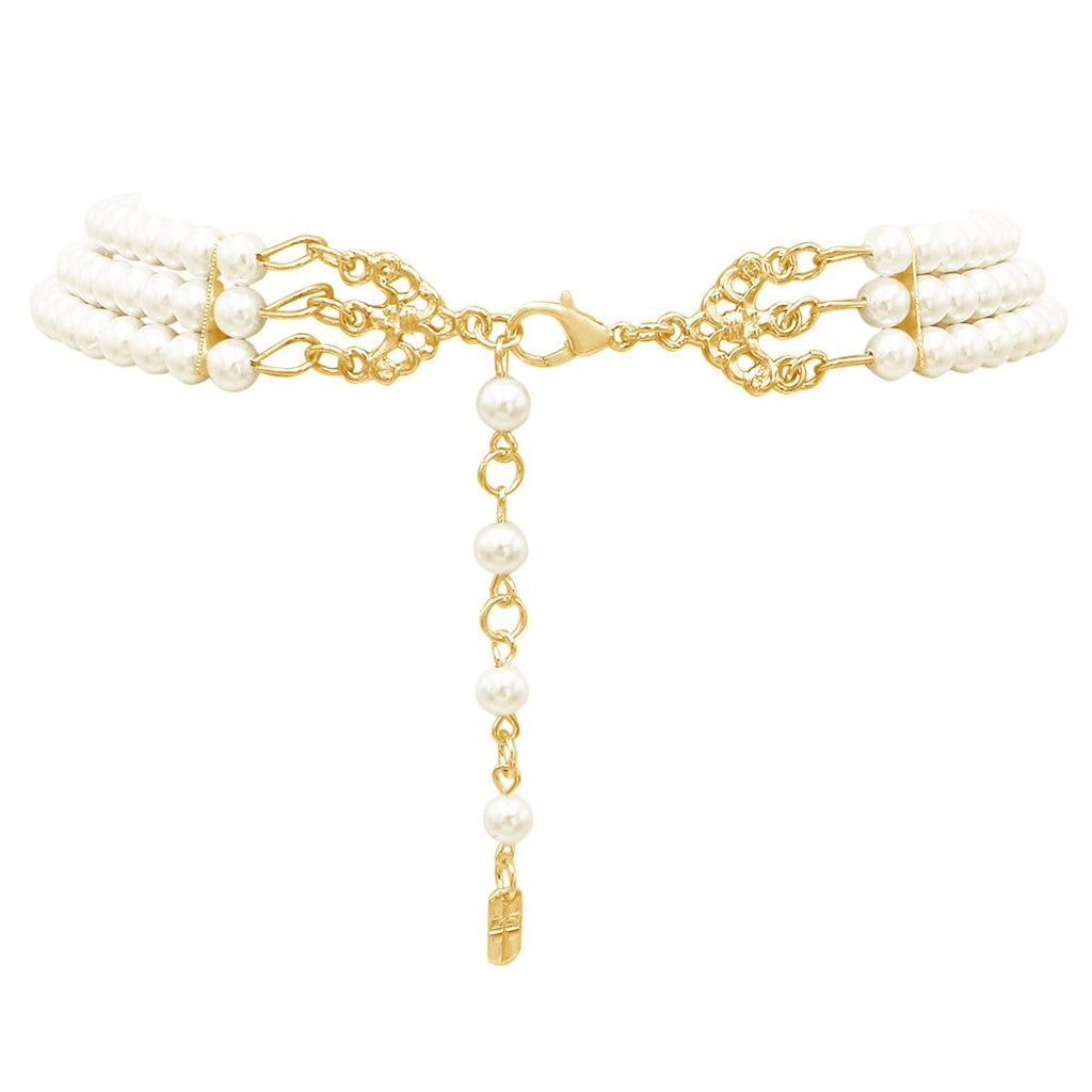 Simulated Large Teardrop Pearl 3 Piece Choker Necklace Cuff Bracelet Clip On Earrings Bridal Jewelry Set, 11"+3" Extender (Gold Tone)