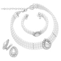 Teardrop Simulated Pearl and Rhinestone 3 Piece Choker Necklace Cuff Bracelet and Clip On Earrings Jewelry Gift Set (White Silver Tone)