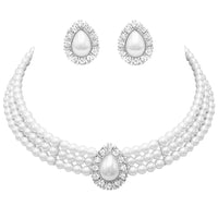 Teardrop Simulated Pearl and Rhinestone 3 Piece Choker Necklace Cuff Bracelet and Clip On Earrings Jewelry Gift Set (White Silver Tone)