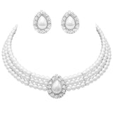 Teardrop Simulated Pearl and Rhinestone 3 Piece Choker Necklace Cuff Bracelet and Clip On Earrings Jewelry Gift Set