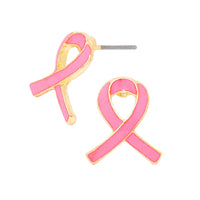 Breast Cancer Awareness Beautiful Pink Ribbon Enamel Stud Earrings, .75" (Pale Pink Ribbon Gold Tone)